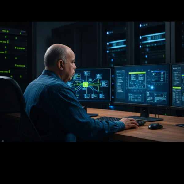 Renan Zapata, consultor de infraestructura IT crítica, trabajando en sala de servidores con múltiples monitores mostrando diagramas de red